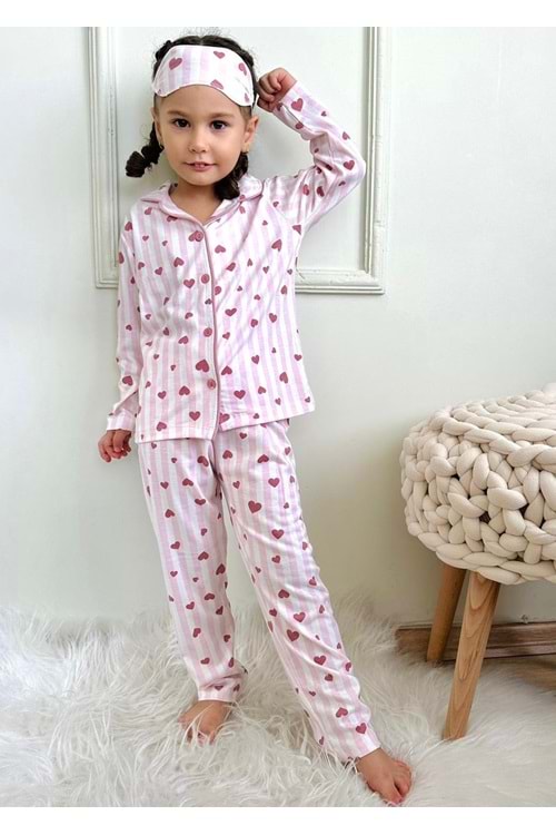 Kız Çocuk Kalp Baskılı Penye , Uyku Maskeli Pijama Takım M00668