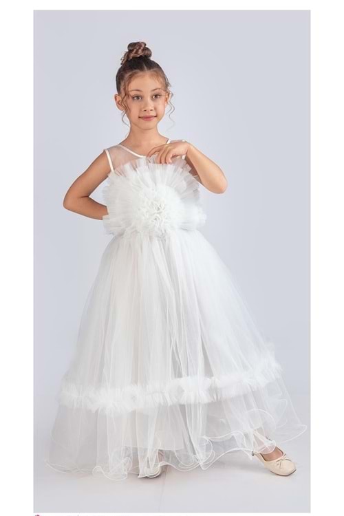 Uzun Etekli , Askılı Kız Cocuk Gül Motif Abiye Elbise M00670