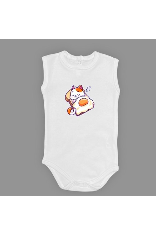 Uyuyan Kedi Baskılı Bebek Çıtçıtlı Body Uzun Kısa Kolsuz