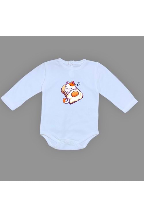 Uyuyan Kedi Baskılı Bebek Çıtçıtlı Body Uzun Kısa Kolsuz