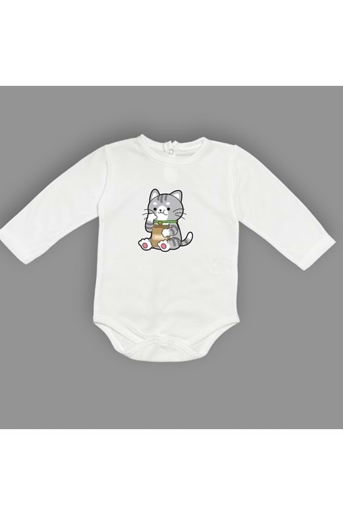 Mama Yiyen Kedi Baskılı Bebek Çıtçıtlı Body Uzun Kısa Kolsuz
