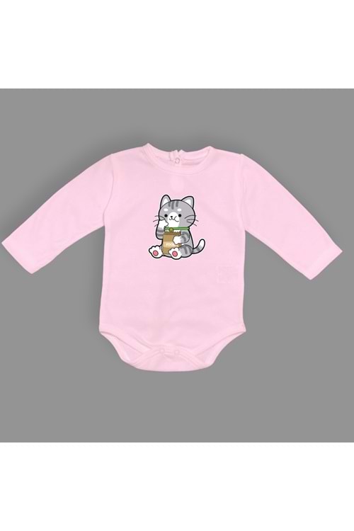 Mama Yiyen Kedi Baskılı Bebek Çıtçıtlı Body Uzun Kısa Kolsuz