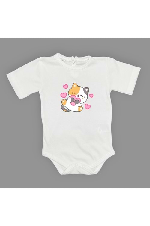 Kalpli Kedi Baskılı Bebek Çıtçıtlı Body Uzun Kısa Kolsuz