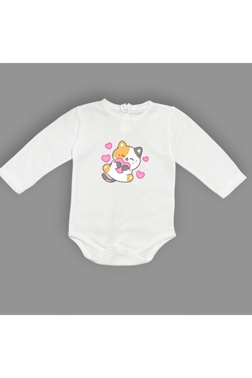 Kalpli Kedi Baskılı Bebek Çıtçıtlı Body Uzun Kısa Kolsuz
