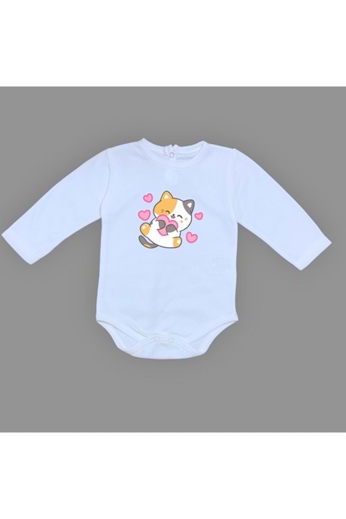 Kalpli Kedi Baskılı Bebek Çıtçıtlı Body Uzun Kısa Kolsuz