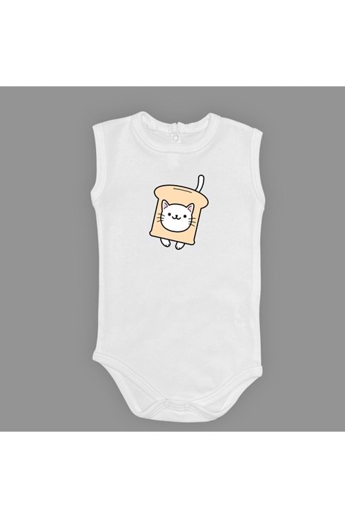Ekmek Kedi Baskılı Bebek Çıtçıtlı Body Uzun Kısa Kolsuz