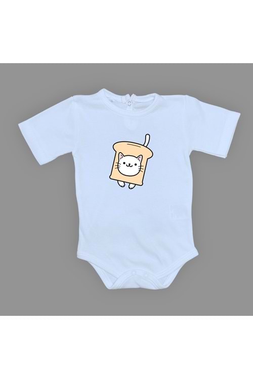 Ekmek Kedi Baskılı Bebek Çıtçıtlı Body Uzun Kısa Kolsuz