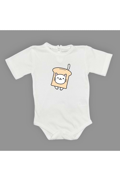 Ekmek Kedi Baskılı Bebek Çıtçıtlı Body Uzun Kısa Kolsuz