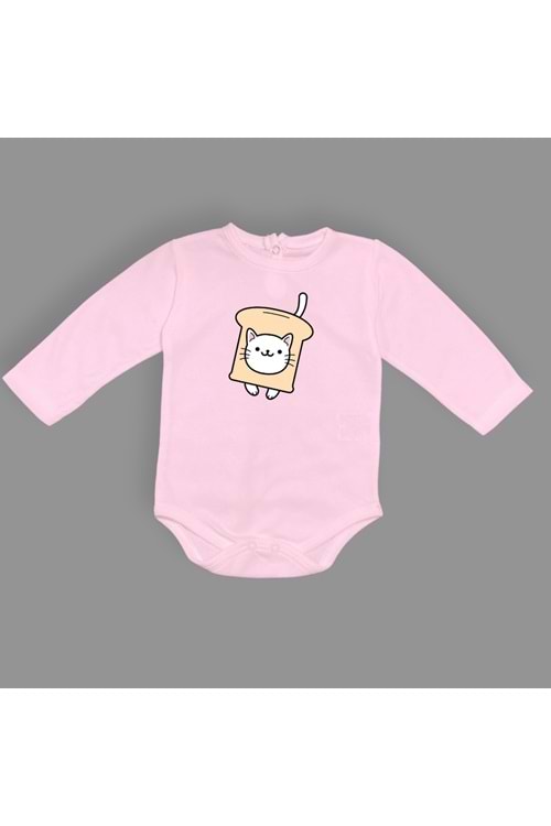 Ekmek Kedi Baskılı Bebek Çıtçıtlı Body Uzun Kısa Kolsuz