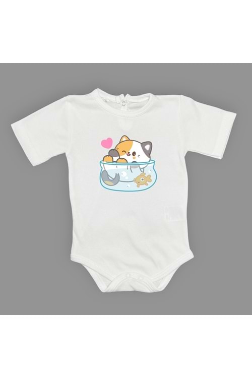 Akvaryum Kedi Baskılı Bebek Çıtçıtlı Body Uzun Kısa Kolsuz