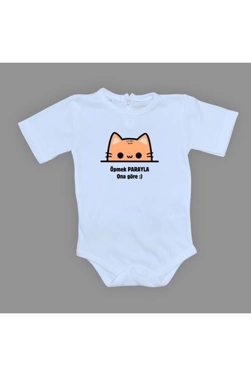 Öpmek Parayla Kedi Baskılı Bebek Çıtçıtlı Body Uzun Kısa Kolsuz