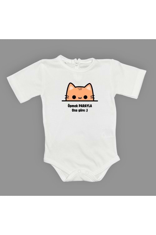 Öpmek Parayla Kedi Baskılı Bebek Çıtçıtlı Body Uzun Kısa Kolsuz