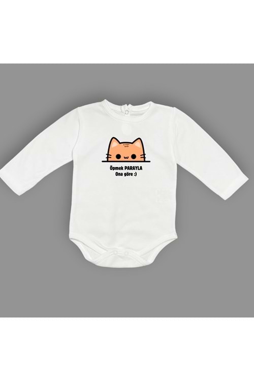 Öpmek Parayla Kedi Baskılı Bebek Çıtçıtlı Body Uzun Kısa Kolsuz