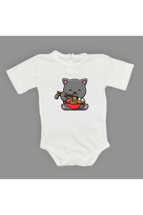 Yemek Yiyen Kedi Baskılı Bebek Çıtçıtlı Body Uzun Kısa Kolsuz