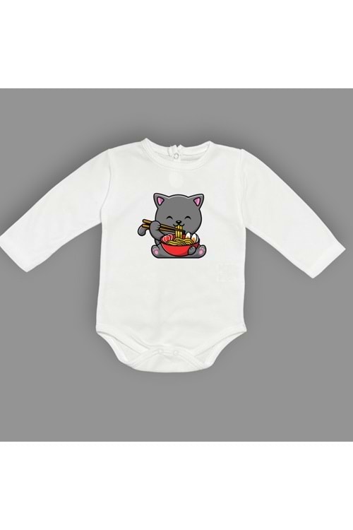 Yemek Yiyen Kedi Baskılı Bebek Çıtçıtlı Body Uzun Kısa Kolsuz