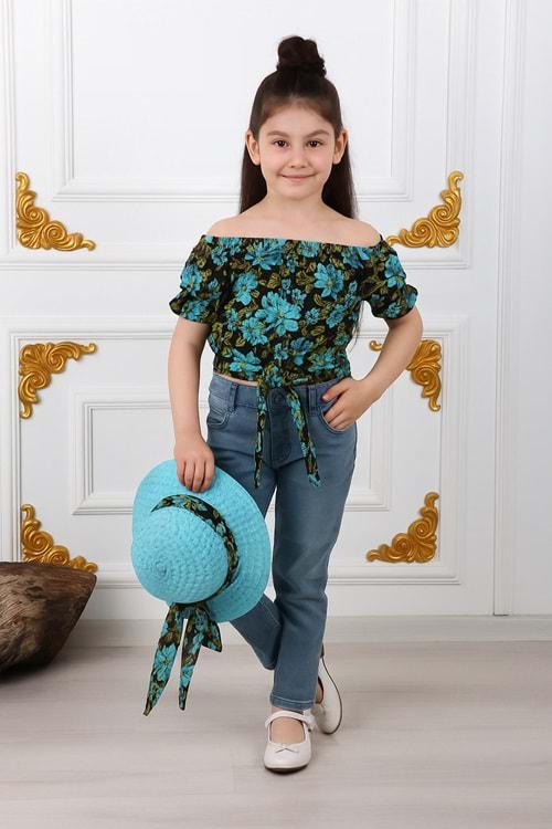 Kız Çocuk Şapkalı , Jeans Pantolon , Bluz Yazlık İkili Takım M00731