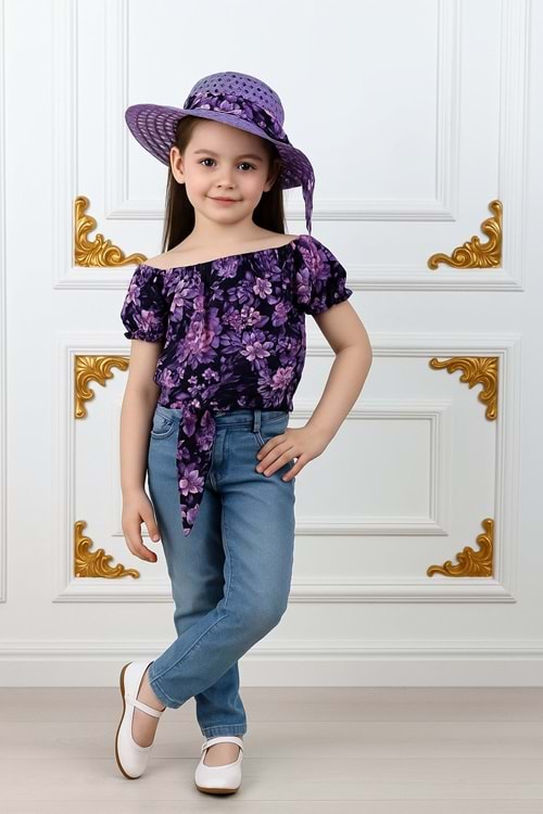 Kız Çocuk Şapkalı , Jeans Pantolon , Bluz Yazlık İkili Takım M00731