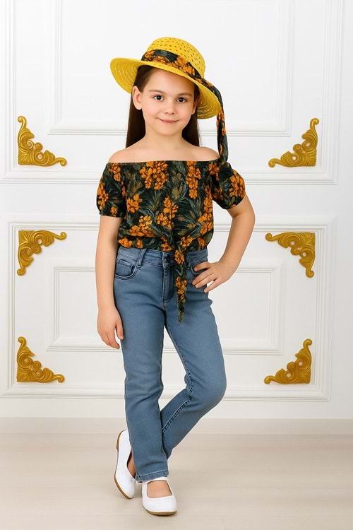Kız Çocuk Şapkalı , Jeans Pantolon , Bluz Yazlık İkili Takım M00731