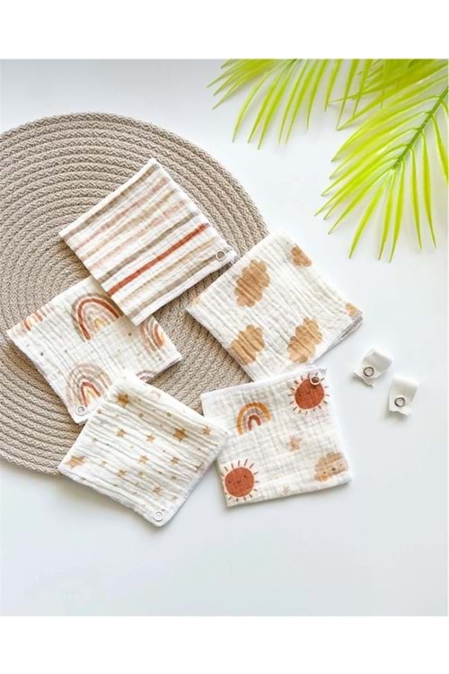 5'li Müslin Desenli Bebek Ağız Mendili Çıtçıtlı Mama Önlüğü M00750