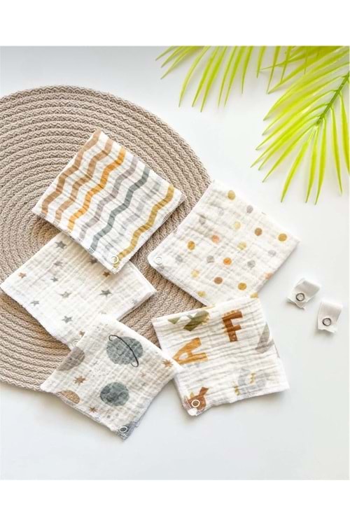 5'li Müslin Desenli Bebek Ağız Mendili Çıtçıtlı Mama Önlüğü M00750