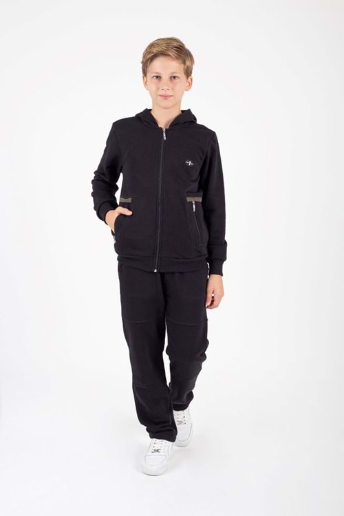 Erkek Çocuk Fermuar Kapamalı Kapüşonlu Arma Detaylı Eşofman Takımı M00757