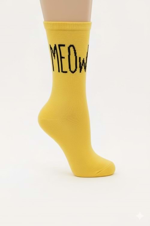 Kız Çocuk MEOW Yazılı Pamuklu Soket Çorap M00762