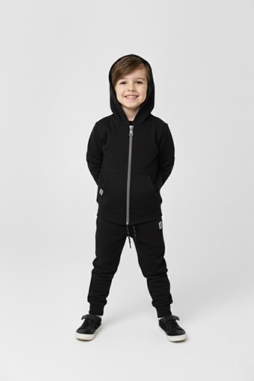 Erkek Çocuk Fermuar Kapamalı Kapüşonlu Mevsimlik Eşofman Takımı M00765