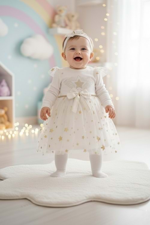 Kız Bebek Tütü Varaklı Saç Bantlı Elbise M00766