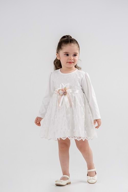 Kız Bebek Kurdelalı Çiçekli Dantel Elbise M00768