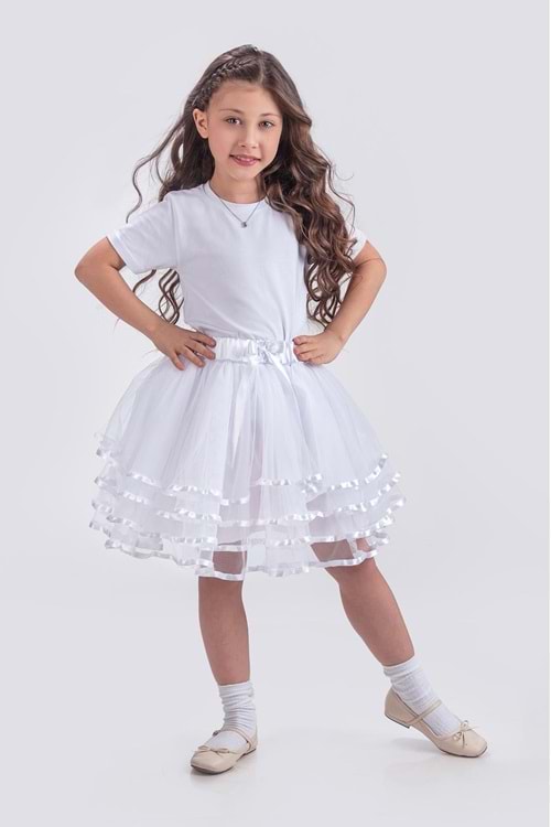 Kız Çocuk Kat Kat Parlak Şeritli Fiyonklu Tütü Etek M00781