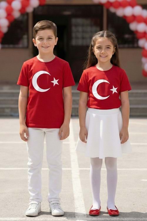 Türk Bayrağı Baskılı 23 Nisan Tören Tişörtü - Çocuk Kısa Kollu Pamuklu Penye M00791