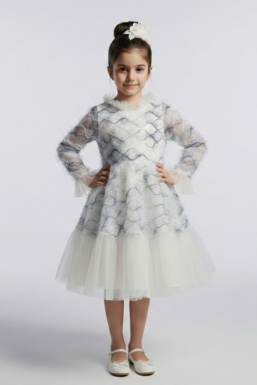 Kız Çocuk İspanyol Kol Tül Detaylı Kabarık Etekli Özel Gün Düğün Elbisesi M00793