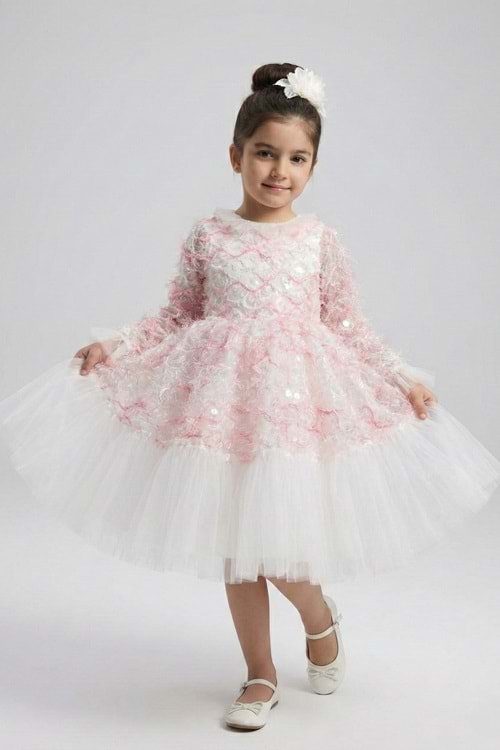 Kız Çocuk İspanyol Kol Tül Detaylı Kabarık Etekli Özel Gün Düğün Elbisesi M00793