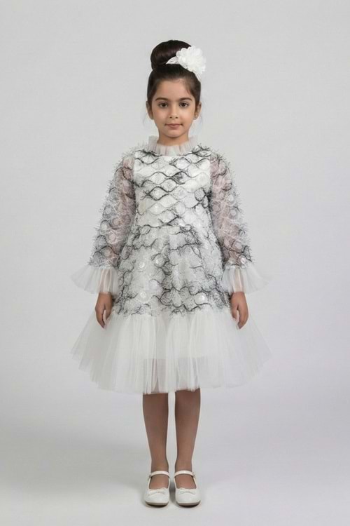 Kız Çocuk İspanyol Kol Tül Detaylı Kabarık Etekli Özel Gün Düğün Elbisesi M00793