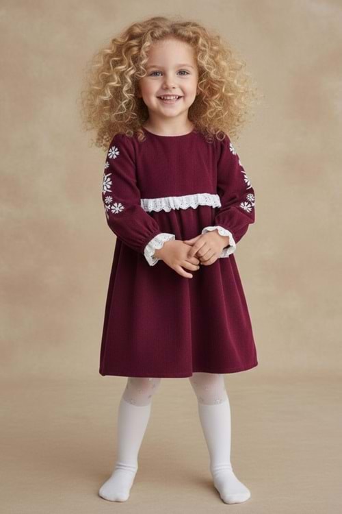 Fisto Detaylı Kollar Nakışlı Otantik Kız Çocuk Elbise M00795