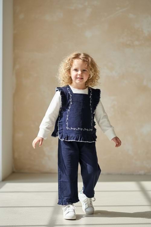 Kız Çocuk Otantik Kot Pantolon ve Bluz Takımı M00797