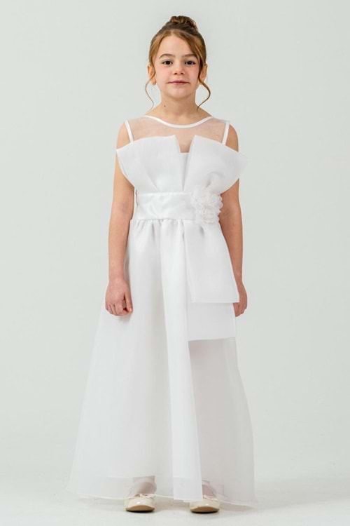 Kız Çocuk Organze Tül Çiçek ve Fiyonk Detaylı Gipe Sırtlı Prenses Abiye Elbise M00800