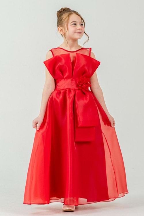 Kız Çocuk Organze Tül Çiçek ve Fiyonk Detaylı Gipe Sırtlı Prenses Abiye Elbise M00800