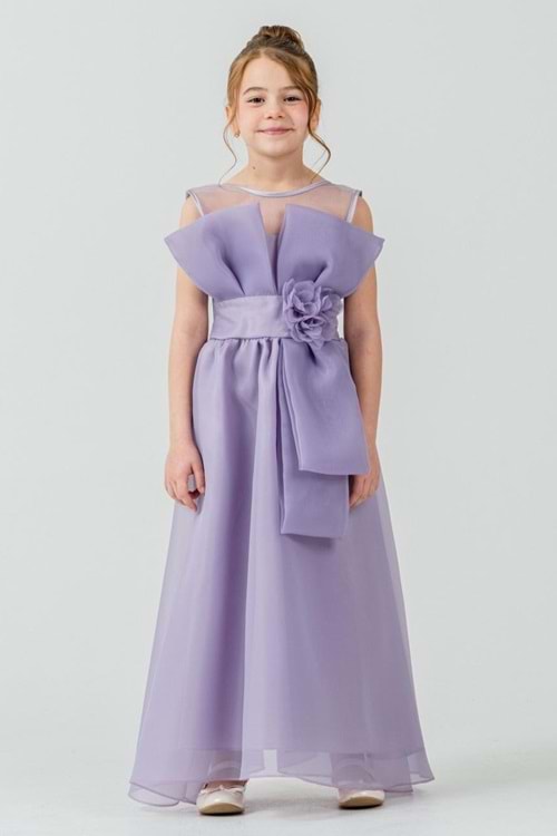 Kız Çocuk Organze Tül Çiçek ve Fiyonk Detaylı Gipe Sırtlı Prenses Abiye Elbise M00800