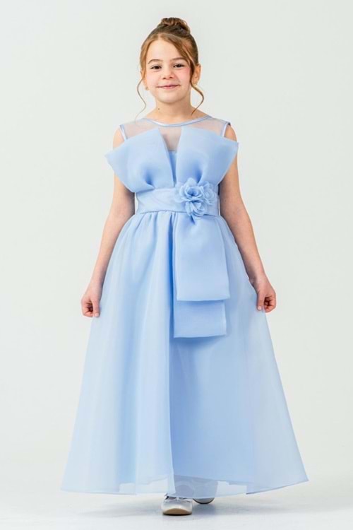 Kız Çocuk Organze Tül Çiçek ve Fiyonk Detaylı Gipe Sırtlı Prenses Abiye Elbise M00800