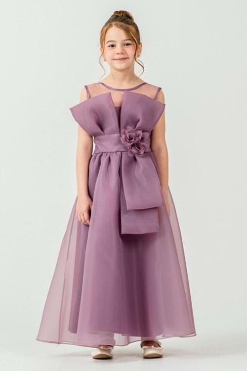 Kız Çocuk Organze Tül Çiçek ve Fiyonk Detaylı Gipe Sırtlı Prenses Abiye Elbise M00800