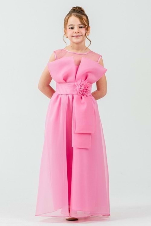 Kız Çocuk Organze Tül Çiçek ve Fiyonk Detaylı Gipe Sırtlı Prenses Abiye Elbise M00800