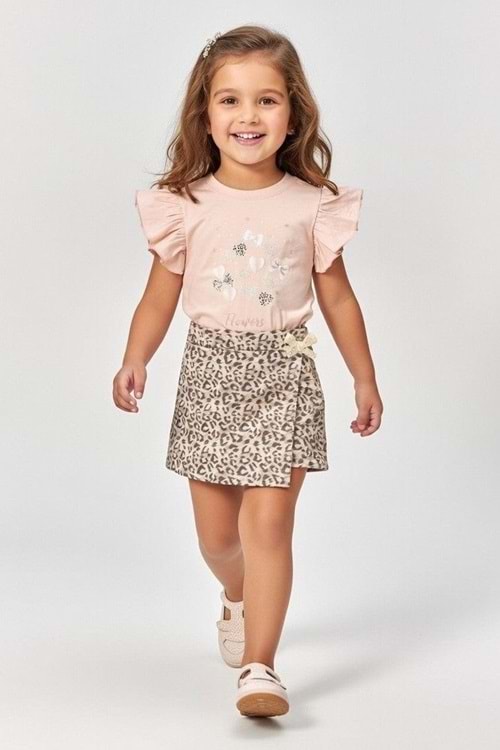 Kız Çocuk Leopar Şort Etek & Fırfırlı Tişört 2li Tarz Kombin M00801