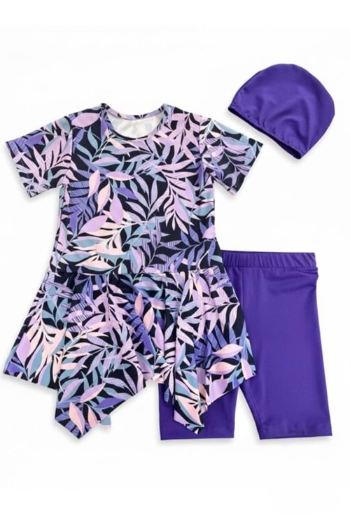 Kız Çocuk Desenli Mayo Takımı - Bone ve Şort Dahil Üçlü Deniz ve Havuz Mayosu M00814