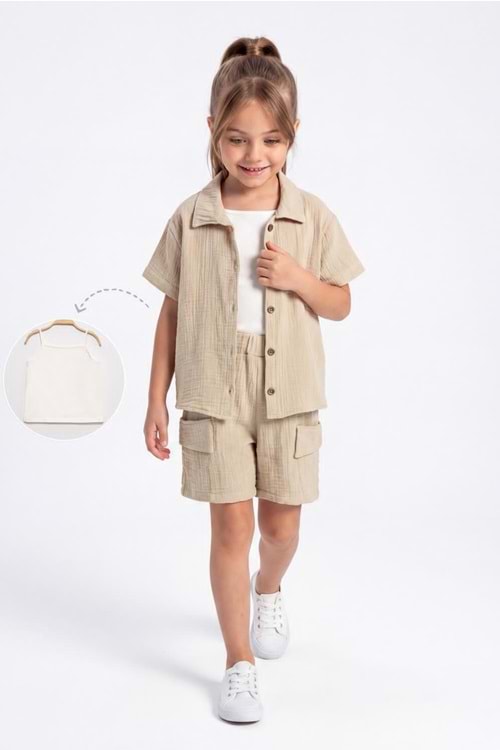 Kız Çocuk 3 Parça Pamuklu Müslin Rahat Takım M00837