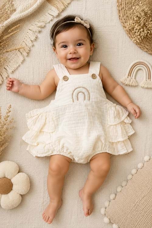 Gökkuşağı Detaylı %100 Pamuk Müslin Bebek Tulum M00852