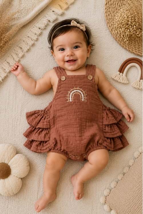 Gökkuşağı Detaylı %100 Pamuk Müslin Bebek Tulum M00852
