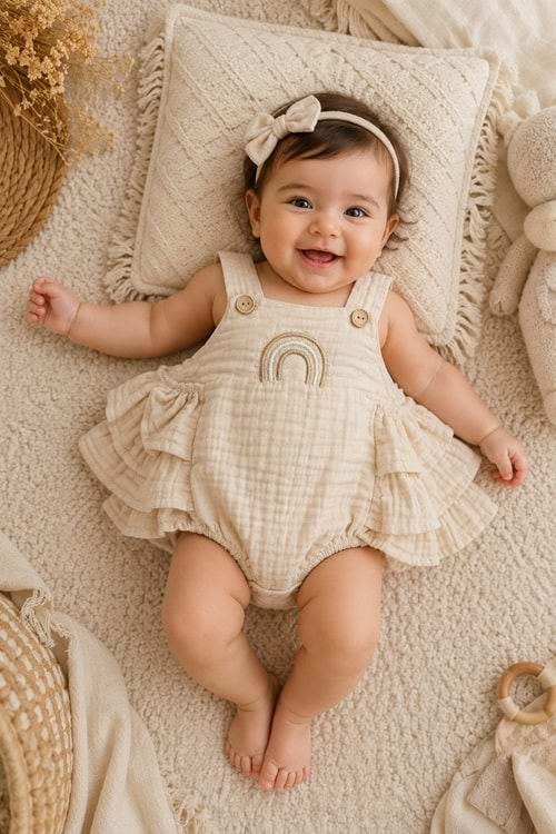 Gökkuşağı Detaylı %100 Pamuk Müslin Bebek Tulum M00852