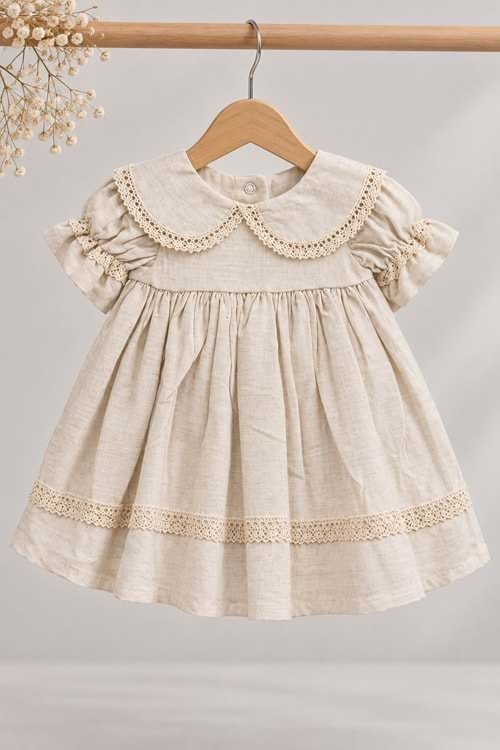 Kız Bebek %100 Pamuk Bebe Yaka Kısa Kollu Müslin Elbise M00864