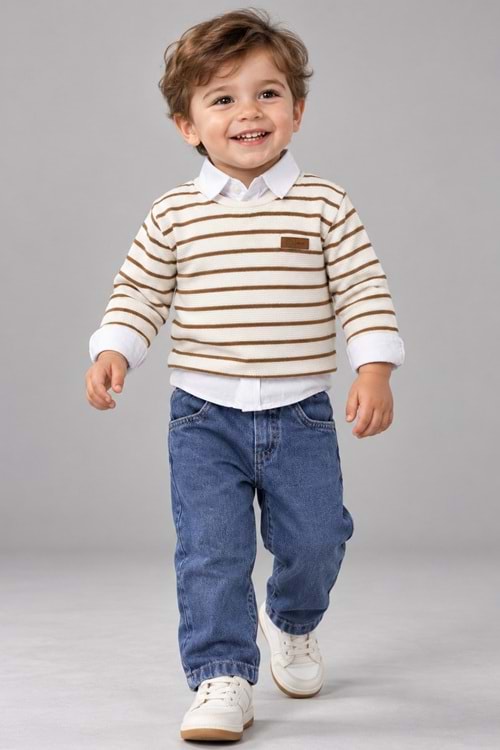 Erkek Çocuk Çizgili Süeterli, Gömlekli, Jeans Pantolonlu 3 Parça Takım M00870